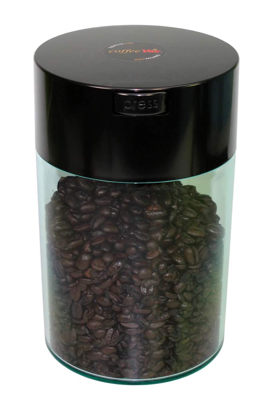 Transparante CoffeeVac 1,85L koffie bewaarbus gevuld met hele gebrande koffiebonen, zwart drukdeksel
