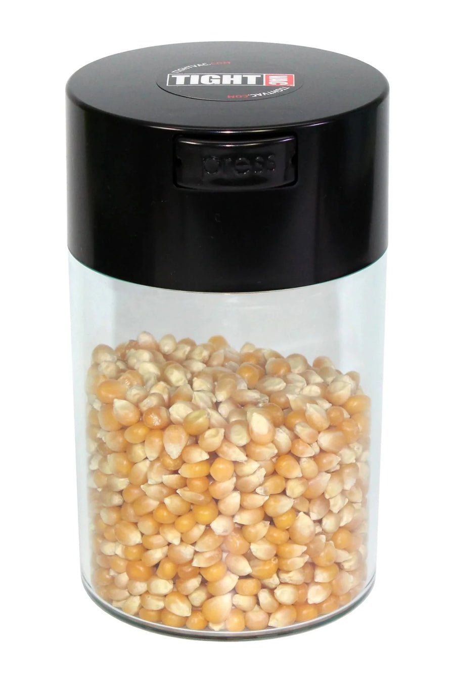 Boîte TightVac 0,57 L transparente à couvercle noir, remplie de maïs à pop-corn
