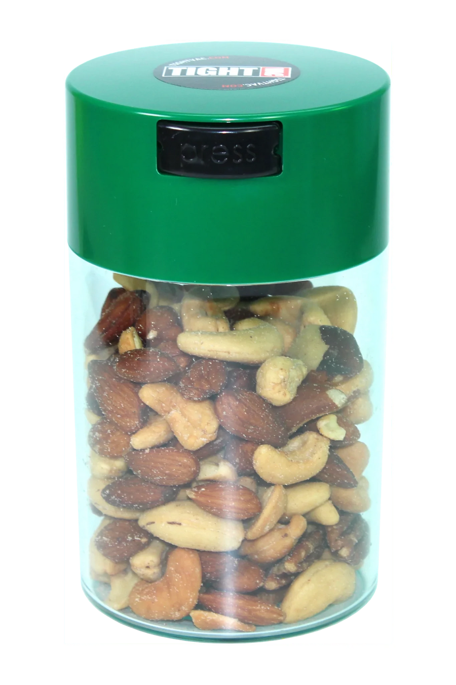 Boîte TightVac 0,57 L transparente à couvercle vert, remplie de mélange de fruits secs