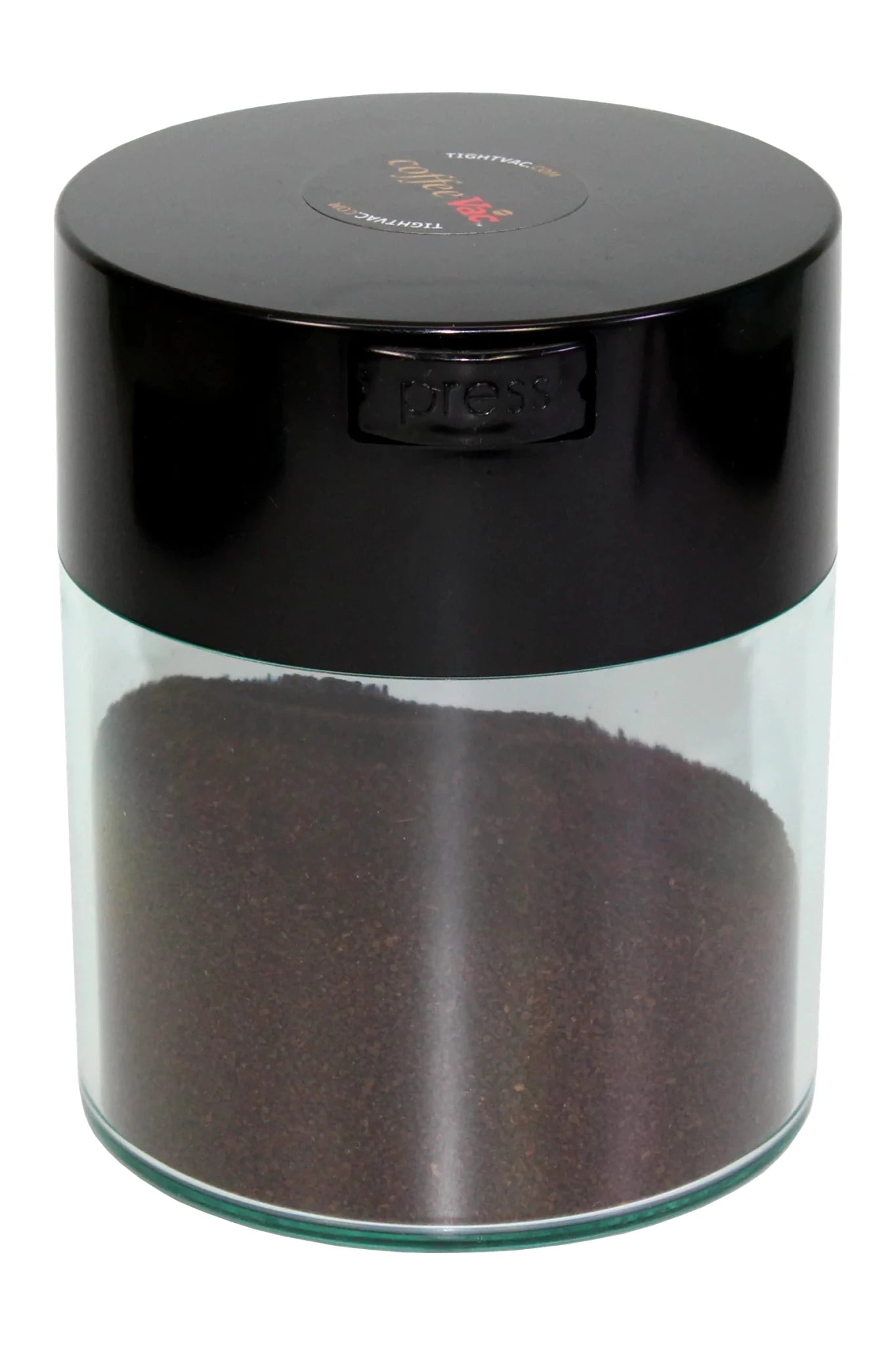 Boîte hermétique à café CoffeeVac 0,8 L à corps transparent et couvercle noir, remplie de café moulu