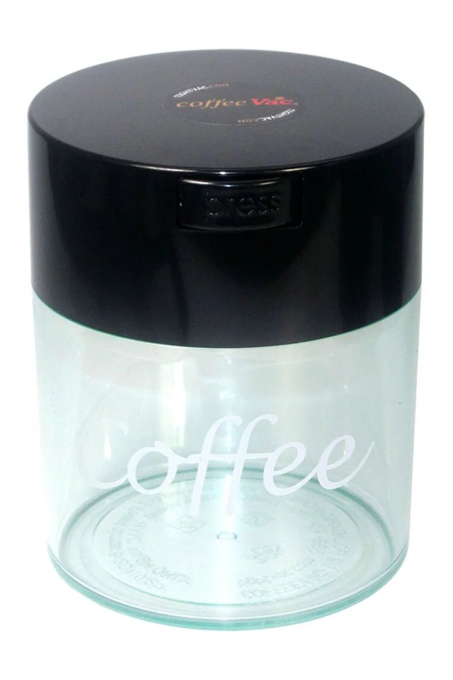 CoffeeVac 0,8 L à corps transparent et couvercle noir, avec l'inscription Coffee