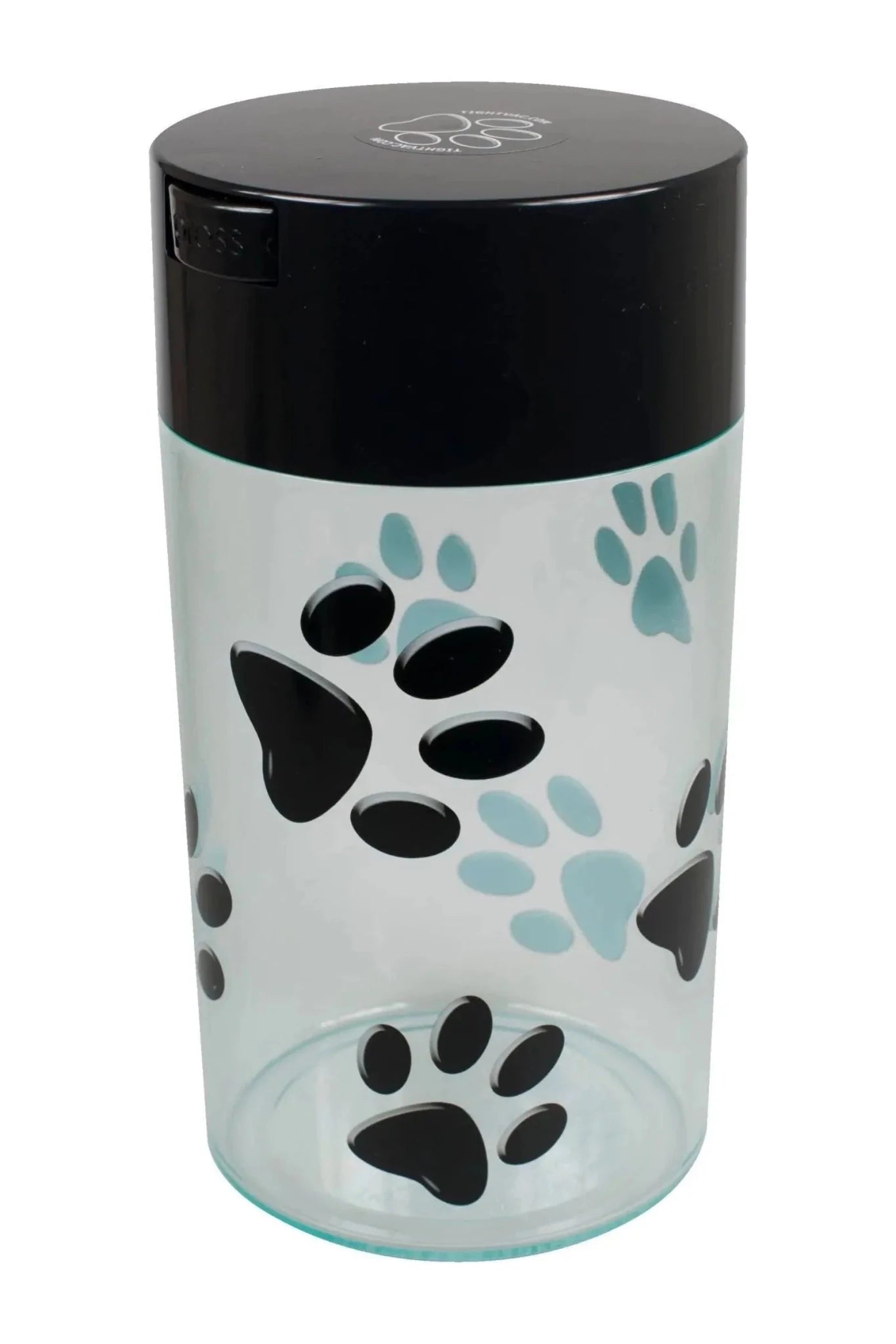 PawVac 1,3 L, boîte pour aliments pour animaux transparente à pattes noires et bleues