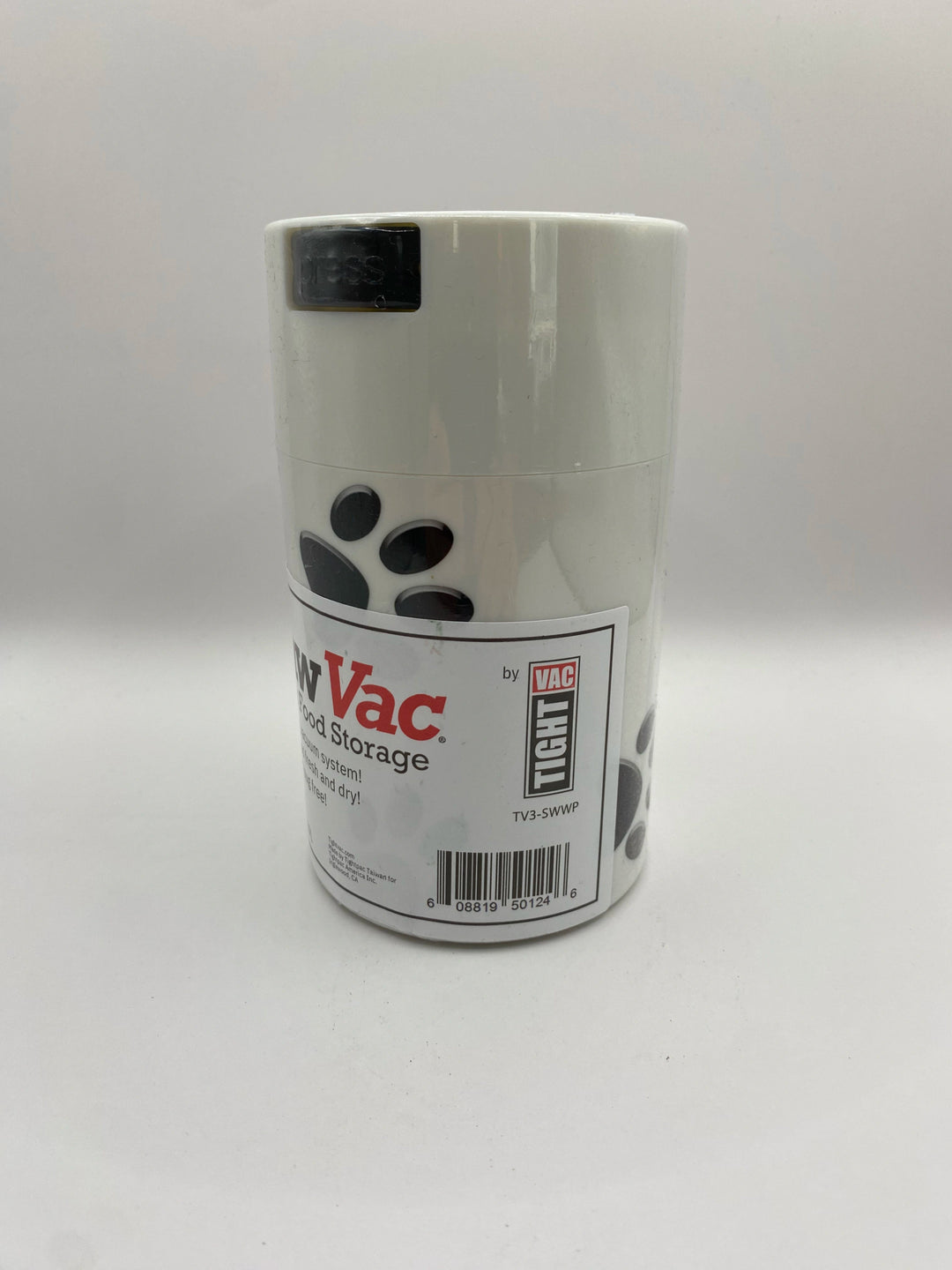PawVac Smell - Proof Pet Food Container / 0,57L / 150g / Solid / Black Paws / White - TightVac Europe - The eassiest storage solutions