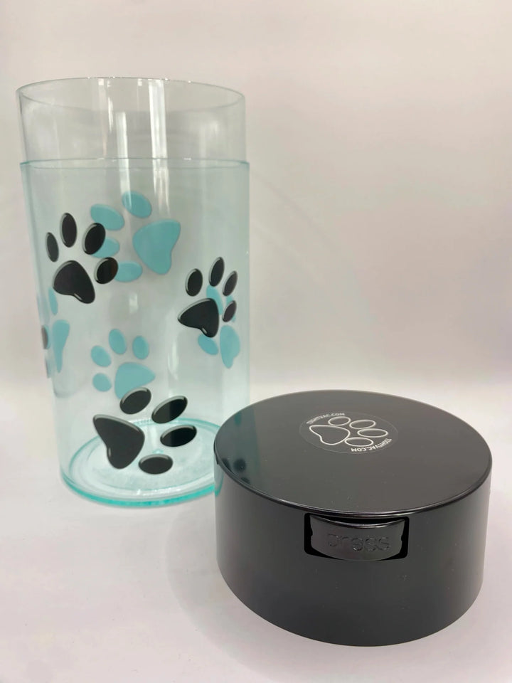 PawVac Geruchssicherer Tierfutterbehälter / 1,3 l / transparente schwarze Kappe mit Pfotendesign - TightVac Europa – Die einfachsten Aufbewahrungslösungen