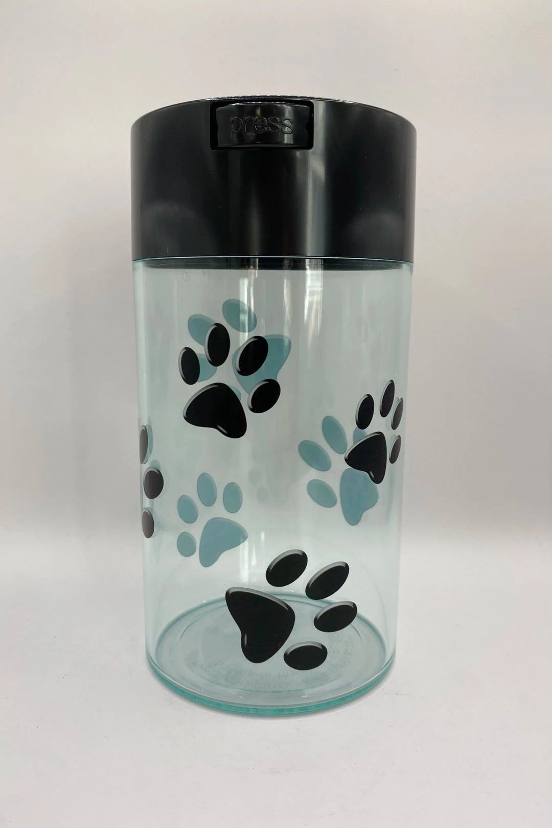 PawVac Geruchssicherer Tierfutterbehälter / 1,3 l / transparente schwarze Kappe mit Pfotendesign - TightVac Europa – Die einfachsten Aufbewahrungslösungen