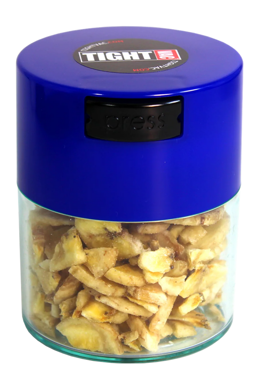 TightVac 0,29 L à couvercle bleu, remplie de chips de banane séchées