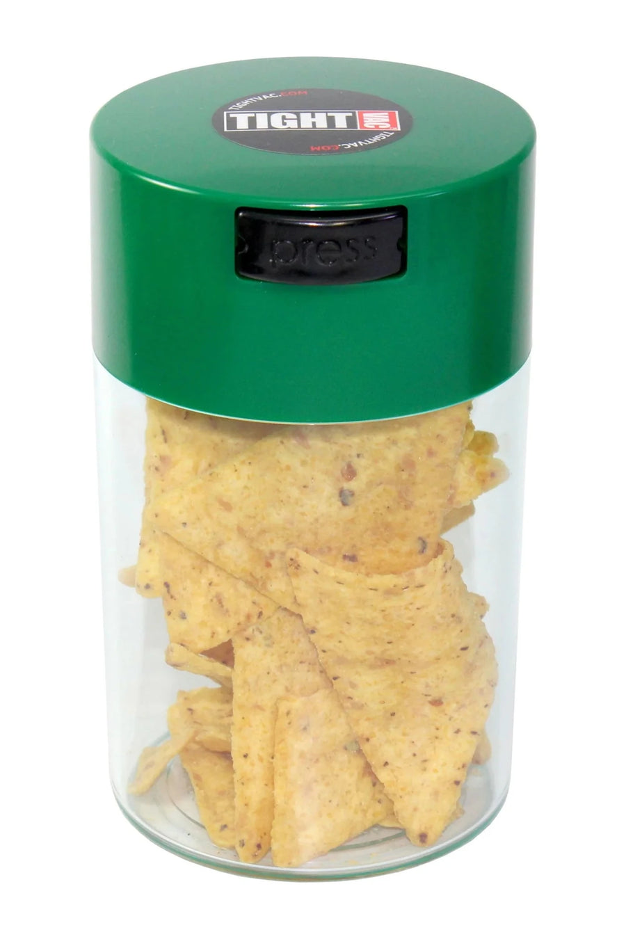 Boîte TightVac 0,57 L transparente à couvercle vert, remplie de chips tortilla