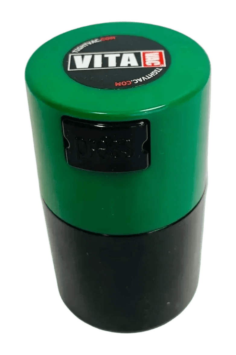 VitaVac 0,06 L, boîte hermétique à couvercle vert sur corps noir, pour 20 g de vitamines ou compléments