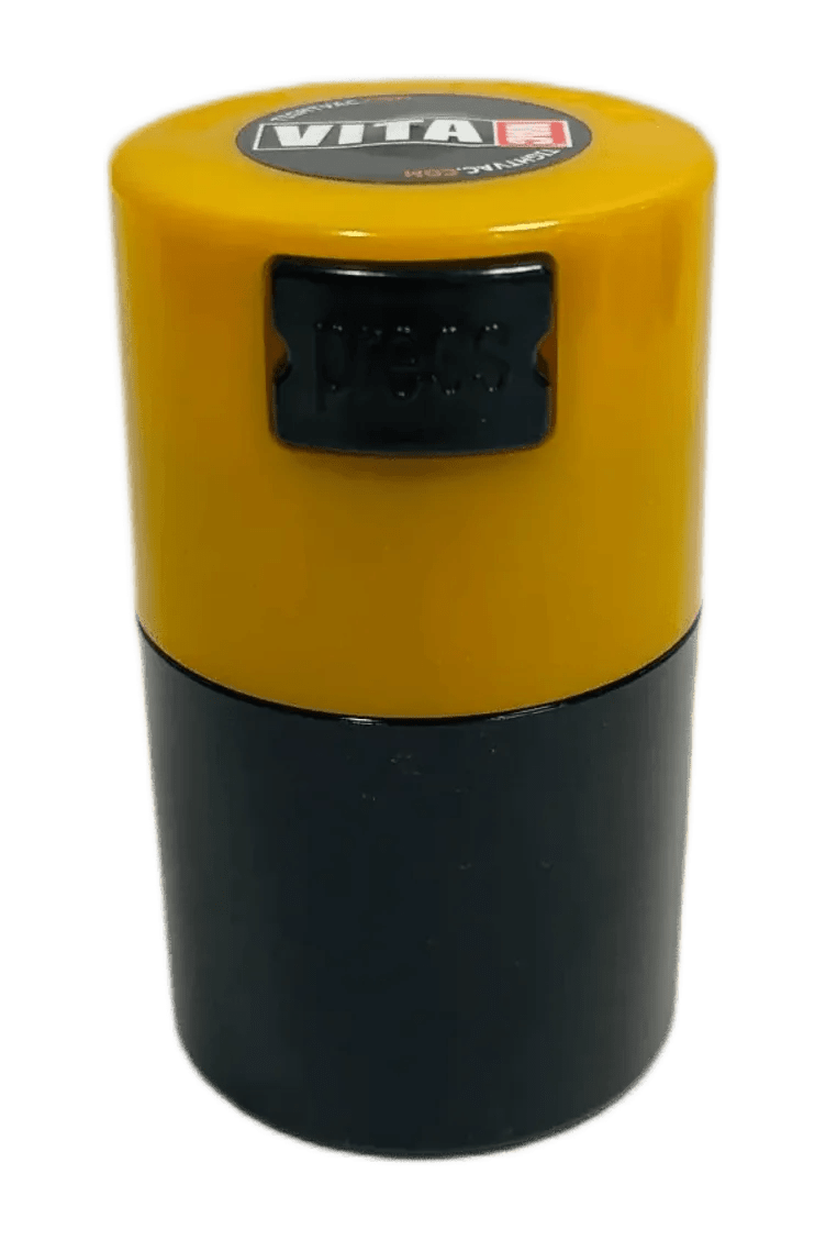 VitaVac 0,06 L, boîte hermétique à couvercle jaune sur corps noir, pour 20 g de vitamines ou compléments